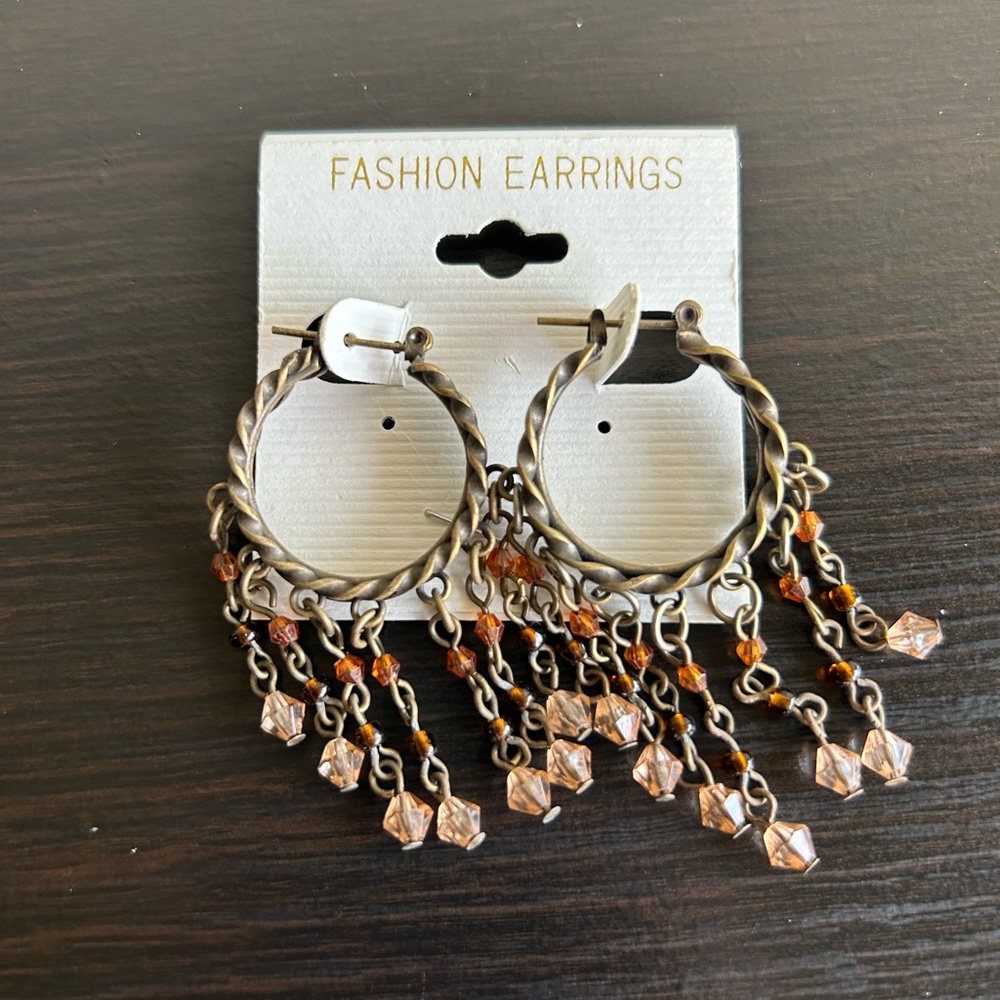 3 for 10$ Gold and Brown Hoop Earrings with Fringe Detail